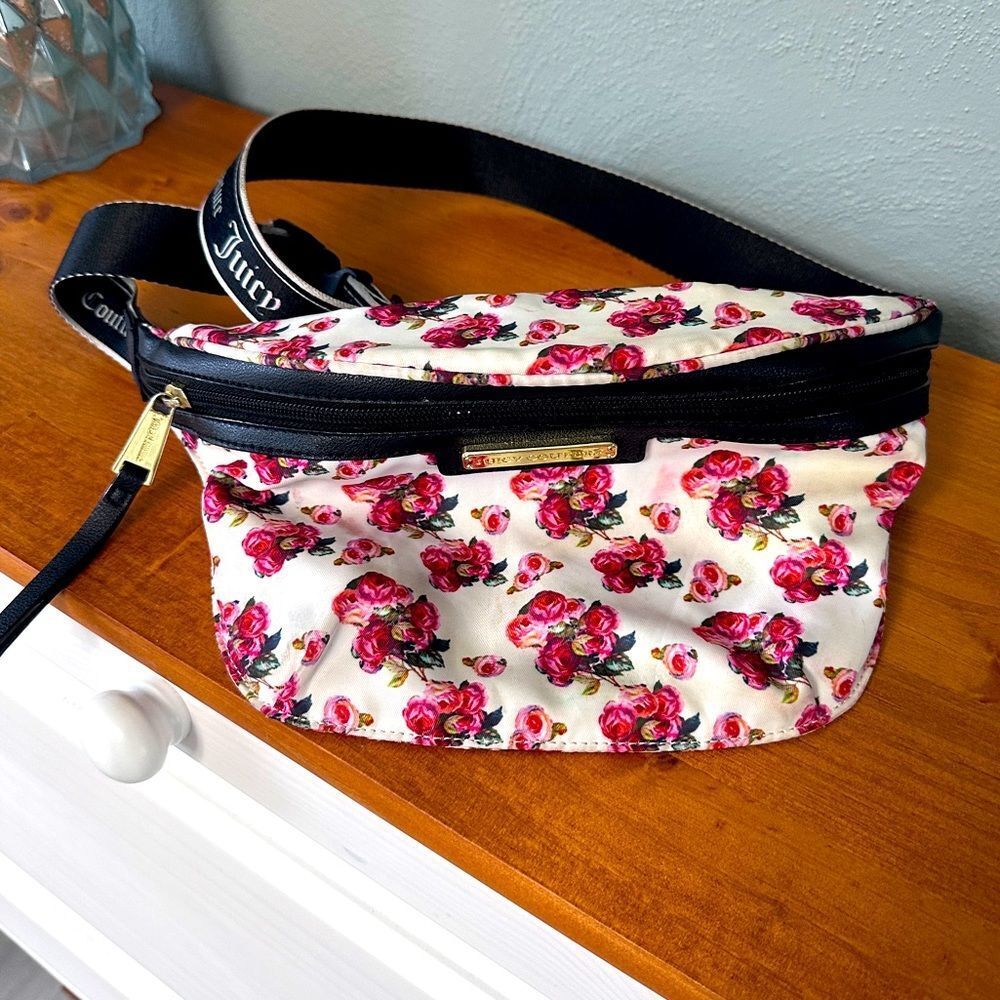 Juicy Couture Floral Rose Fanny Pack Belt Bag Red White Black Varsity Blooms
